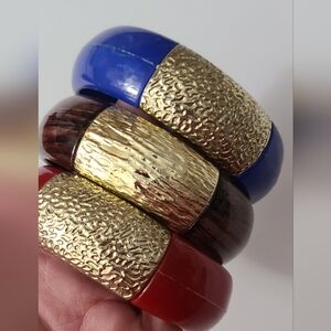 Vtg Set Of 3 Bangle Bracelets Lucite Plastic Gold Wood Red Blue Brown 70's Euc